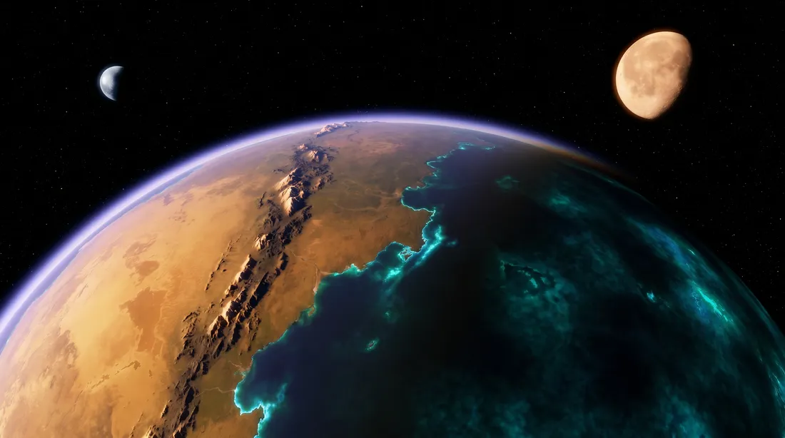Aethon Prime from orbit — amber-gold continent with the dark Cinderback Range spine visible, bioluminescent blue-green ocean glowing at the terminator, thin blue-violet atmosphere limb, and both moons Solen and Mariva visible in the star field