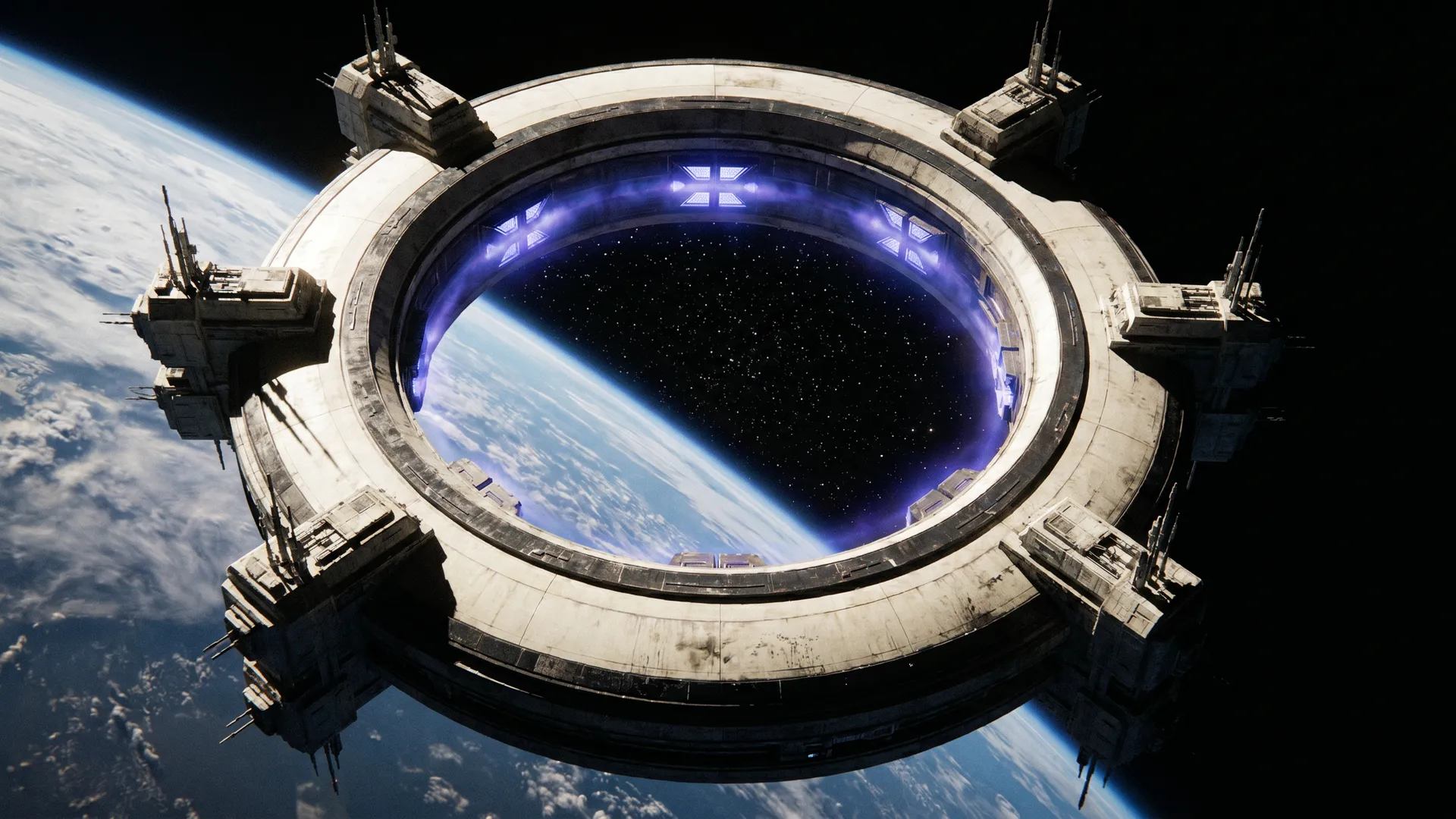 The Velanthra Gate ring in low Earth orbit — 2.1km pale composite ring above the Cheshire plain, deep blue-violet inner pulse, Earth curving away below, stars through the aperture