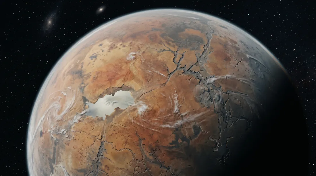 Harven from orbit — ochre and rust-red mineral plains, grey canyon shadows, pale inland sea at the equatorial belt, thin cold atmosphere limb. The second world. The question not yet answered.