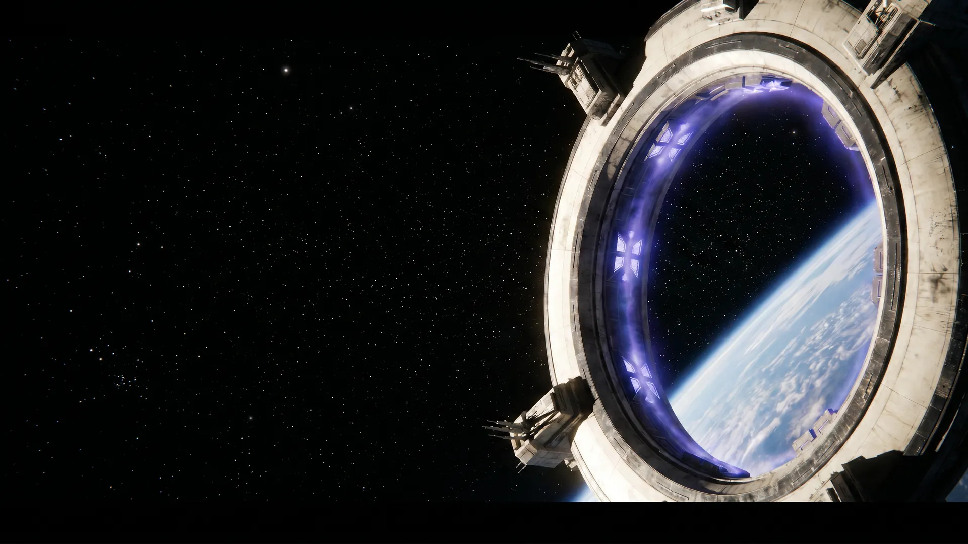 The Velanthra Gate in low Earth orbit — a massive ring structure above England, Earth's curved horizon visible through the aperture, deep space beyond