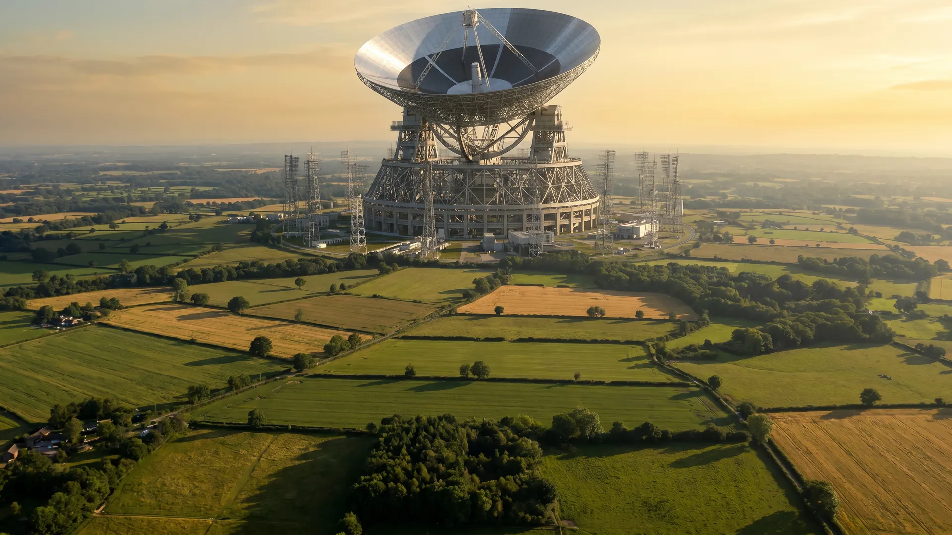 The Jodrell Bank mega telescope — a colossal radio telescope megastructure rising above the flat Cheshire plain, visible for miles across the English countryside, its vast parabolic dish catching the late afternoon light