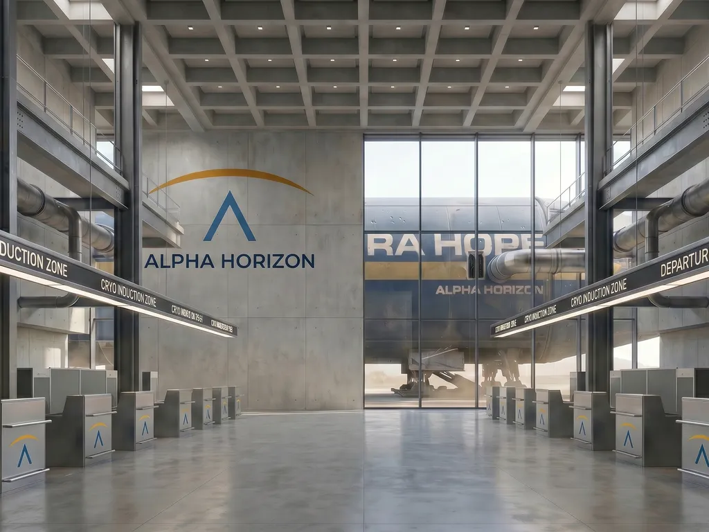 The Threshold Hall of Departure, Alsager — the departure terminal of the Velanthra Gate complex. The last building on Earth that outbound Pioneers walk through before boarding their vessel.