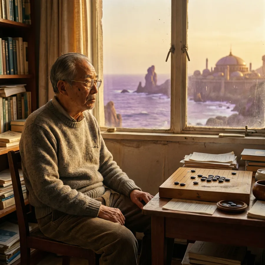 Dr Yuen Fang-Li, age 89 — theoretical physicist, University of Velanthra. The man who wrote the equations that made the Gate possible, photographed in his faculty apartment in Solace City, Aethon Prime. A Go board on the table. The Solace Basin visible through the window — the same amber afternoon light he described in his first lecture here.